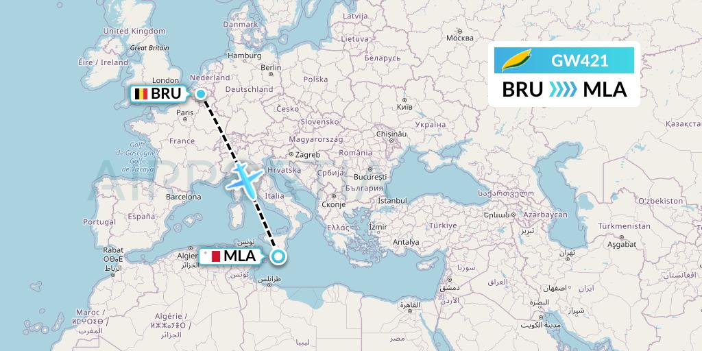 GW421 GetJet Airlines Flight Map: Brussels to Malta