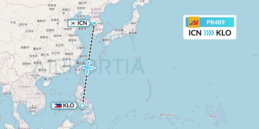 PR489 Philippine Airlines Flight Map: Seoul to Kalibo