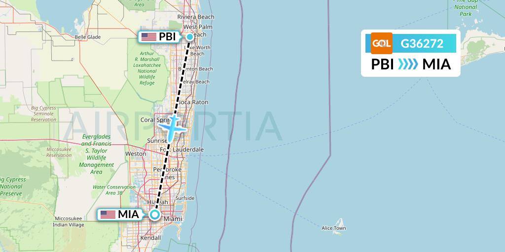 G36272 GOL Transportes Aeros Flight Map: West Palm Beach to Miami
