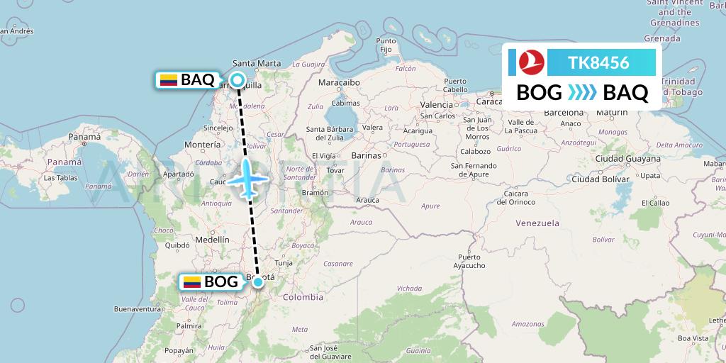 TK8456 Turkish Airlines Flight Map: Bogota to Barranquilla
