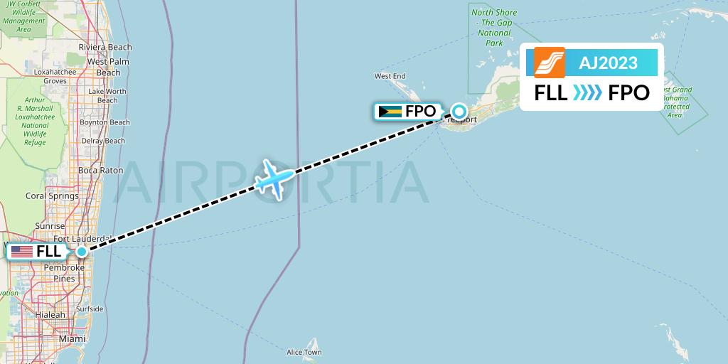 AJ2023 Aztec Airways Flight Map: Fort Lauderdale to Freeport