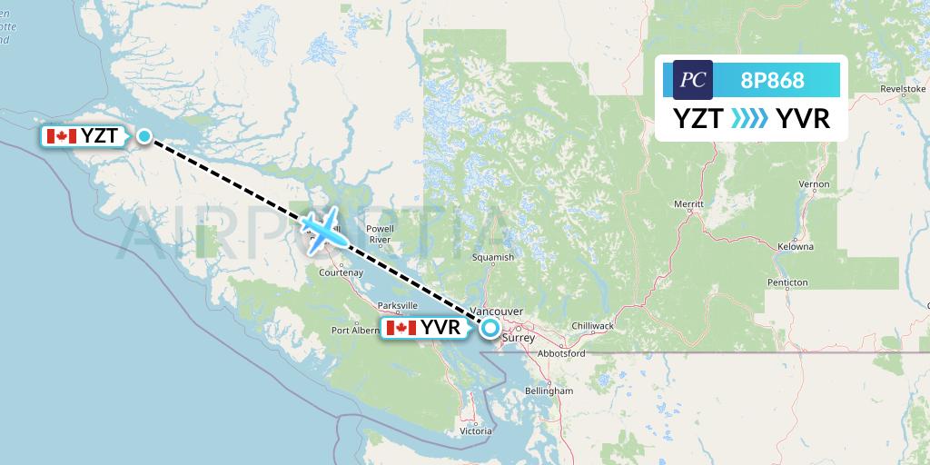 8P868 Pacific Coastal Airlines Flight Map: Port Hardy to Vancouver