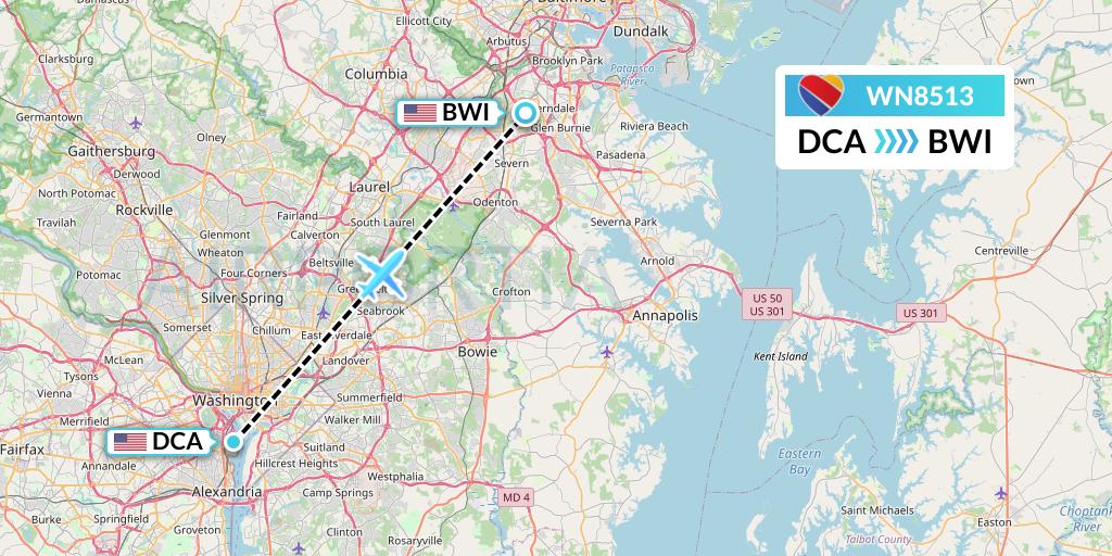 WN8513 Southwest Airlines Flight Map: Washington to Baltimore