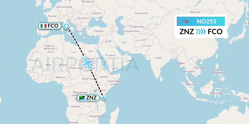 NO253 Neos Flight Map: Zanzibar to Rome