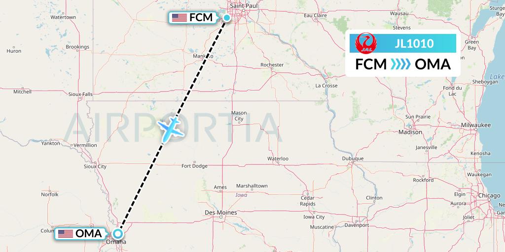 JL1010 Japan Airlines Flight Map: Minneapolis to Omaha
