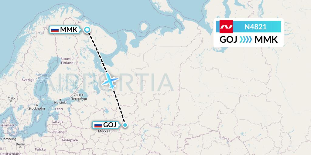 N4821 Nordwind Airlines Flight Map: Nizhny Novgorod to Murmansk