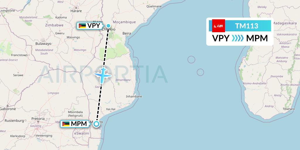 TM113 LAM Mozambique Airlines Flight Map: Chimoio to Maputo