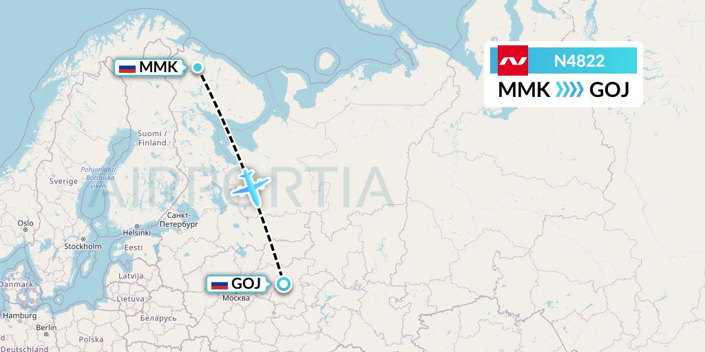 N4822 Nordwind Airlines Flight Map: Murmansk to Nizhny Novgorod