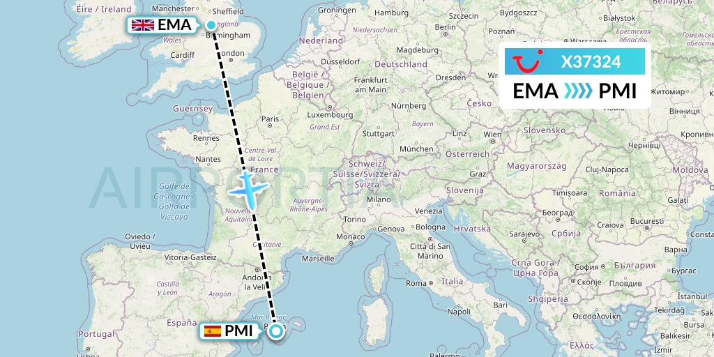 X37324 TUI fly Germany Flight Map: East Midlands to Palma de Mallorca