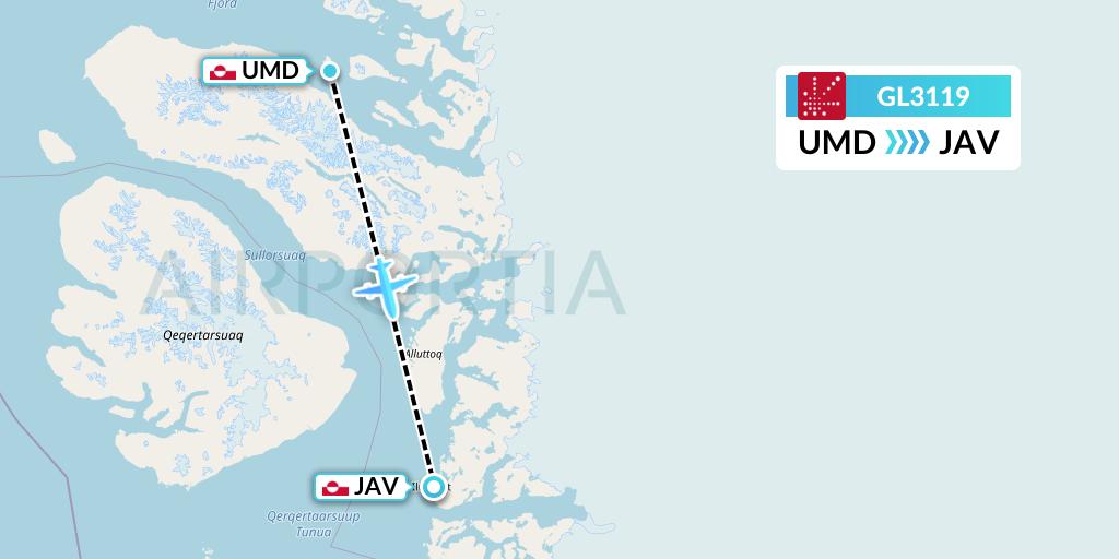 GL3119 Air Greenland Flight Map: Uummannaq to Ilulissat