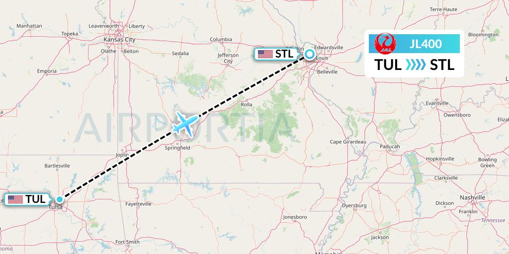JL400 Japan Airlines Flight Map: Tulsa to St. Louis