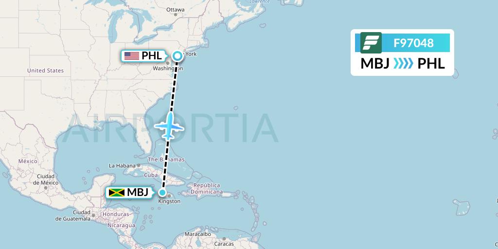 F97048 Frontier Airlines Flight Map: Montego Bay to Philadelphia
