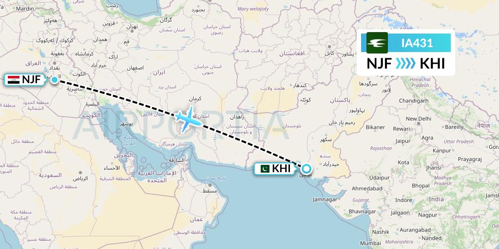 IA431 Iraqi Airways Flight Map: Najaf to Karachi