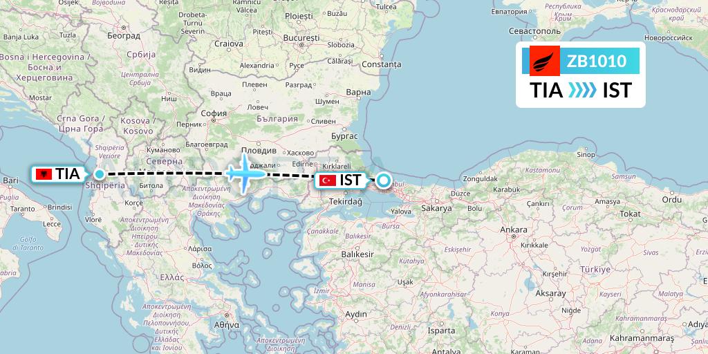 ZB1010 Air Albania Flight Map: Tirana to Istanbul