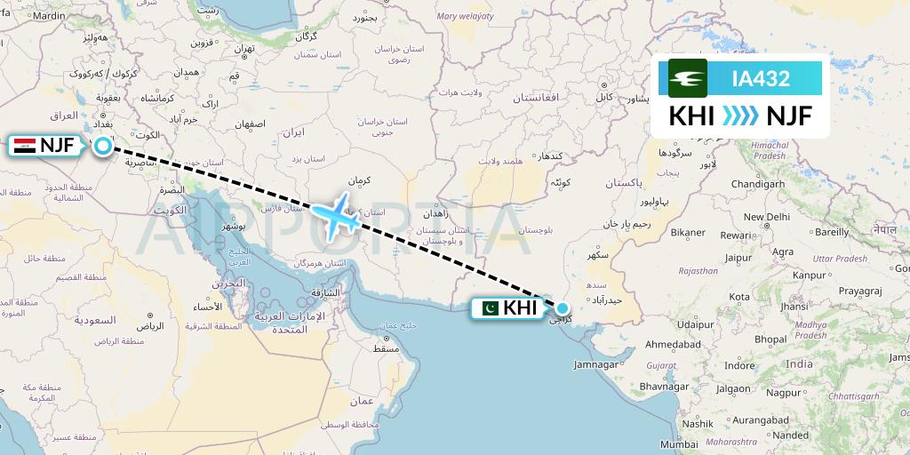 IA432 Iraqi Airways Flight Map: Karachi to Najaf