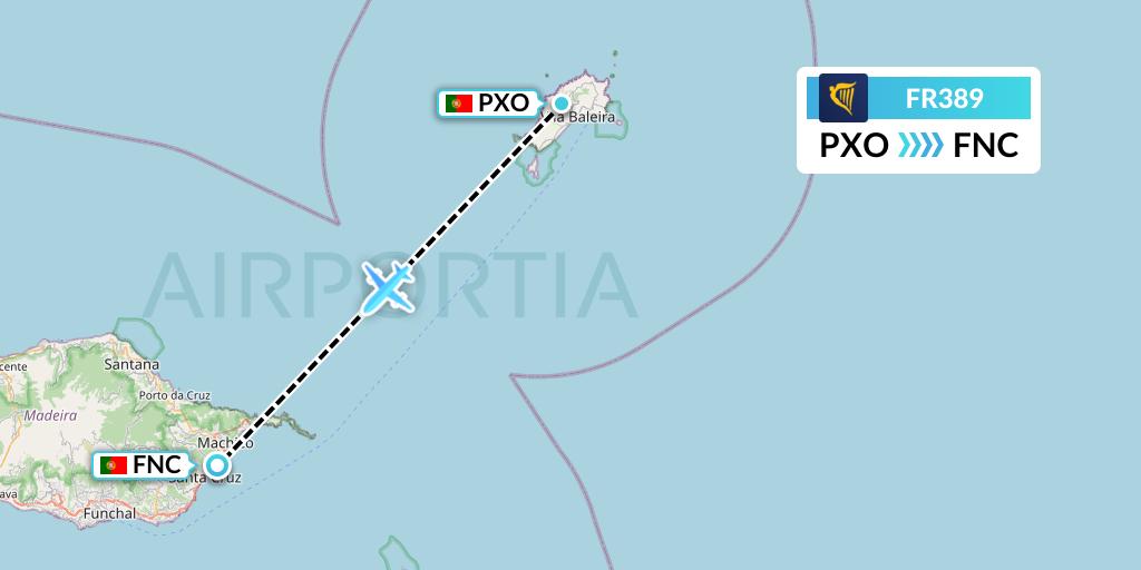 FR389 Ryanair Flight Map: Porto Santo to Funchal