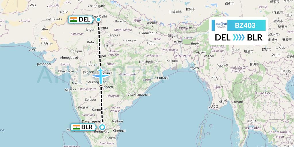 BZ403 Bluebird Airways Flight Map: Delhi to Bangalore