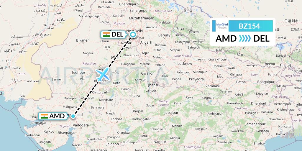 BZ154 Bluebird Airways Flight Map: Ahmedabad to Delhi