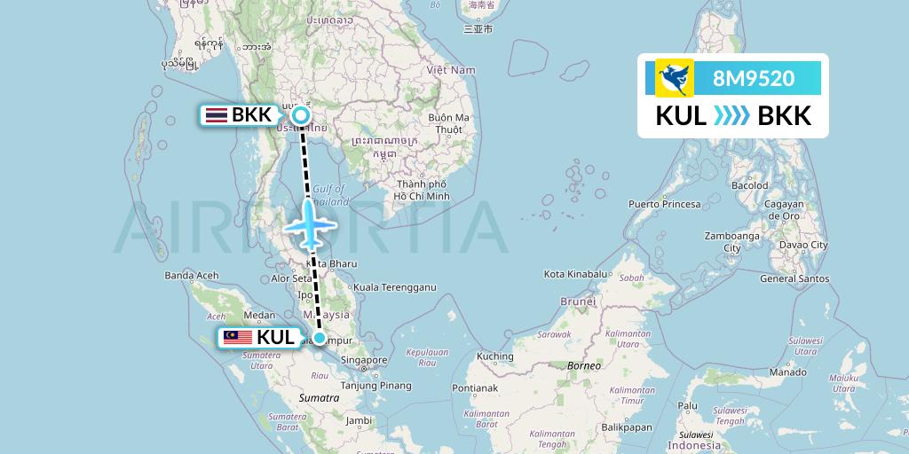 8M9520 Myanmar Airways International Flight Map: Kuala Lumpur to Bangkok