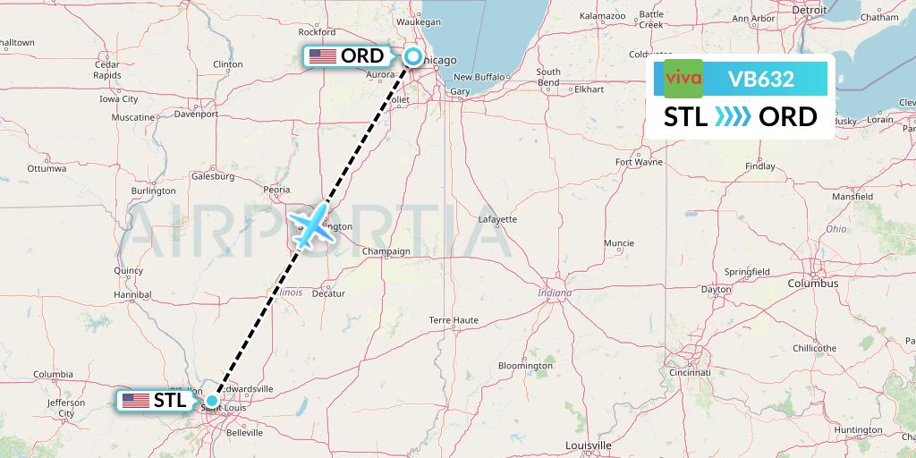 VB632 VivaAerobus Flight Map: St. Louis to Chicago