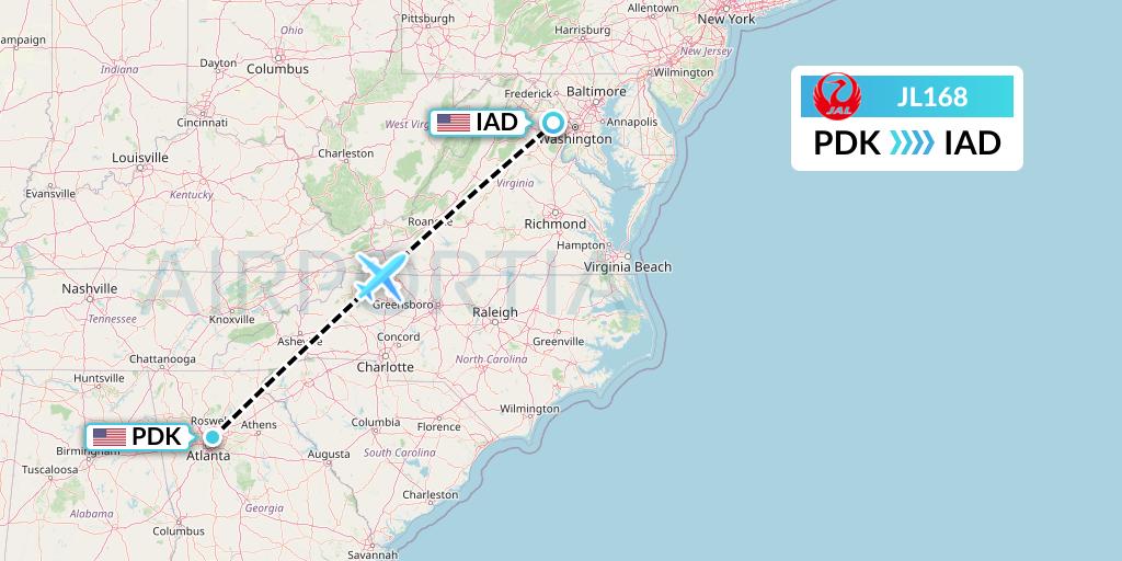 JL168 Japan Airlines Flight Map: Atlanta to Washington