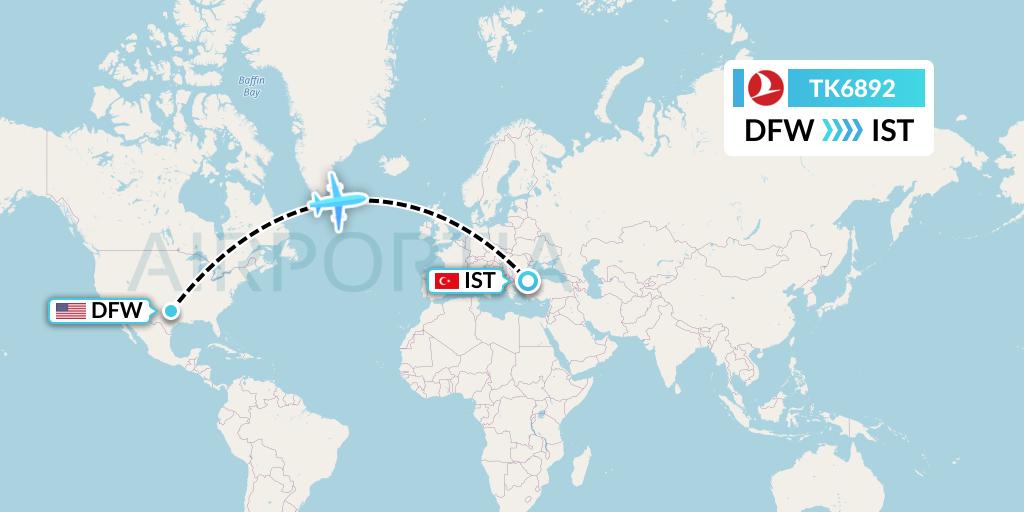 TK6892 Turkish Airlines Flight Map: Dallas to Istanbul