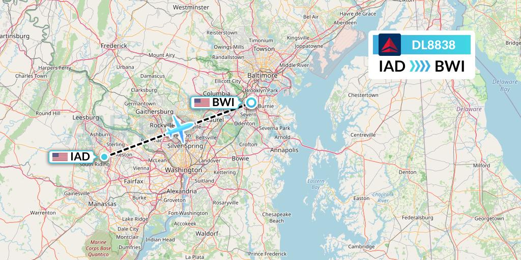 DL8838 Delta Air Lines Flight Map: Washington to Baltimore