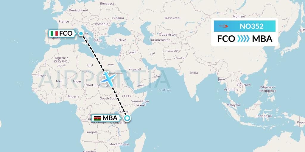 NO352 Neos Flight Map: Rome to Mombasa