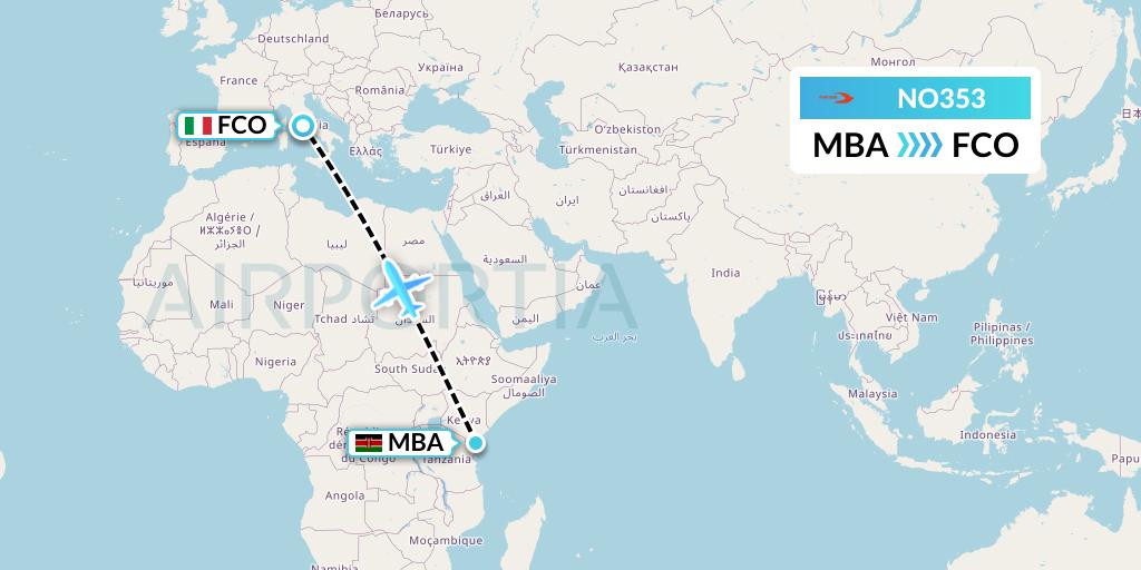 NO353 Neos Flight Map: Mombasa to Rome