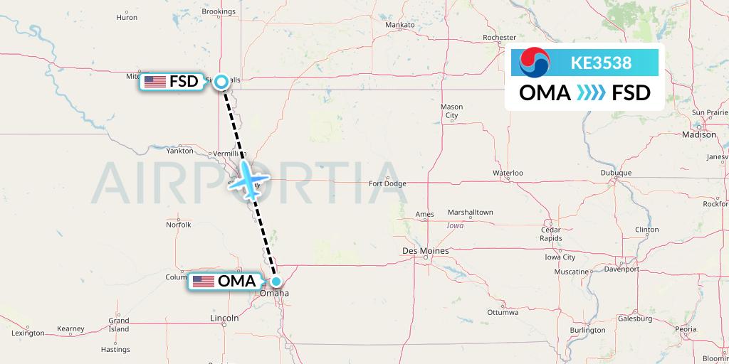 KE3538 Korean Air Flight Map: Omaha to Sioux Falls
