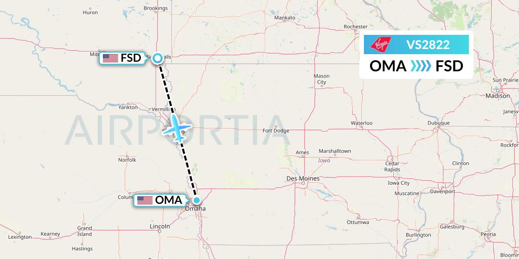 VS2822 Virgin Atlantic Airways Flight Map: Omaha to Sioux Falls