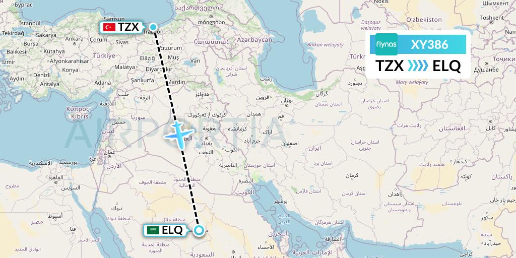 XY386 Flynas Flight Map: Trabzon to Al-Qassim