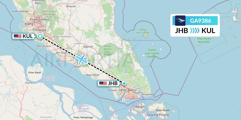 GA9386 Garuda Indonesia Flight Map: Johor Bahru to Kuala Lumpur