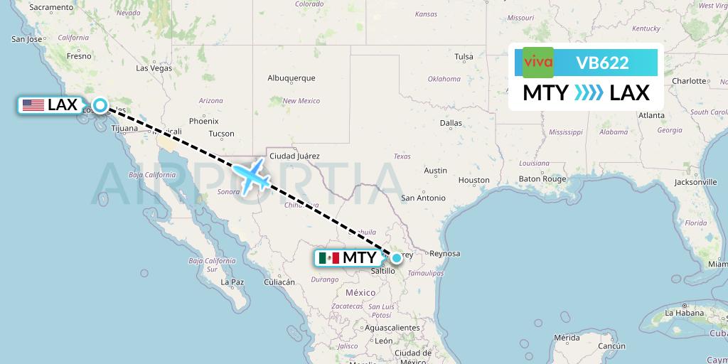 VB622 VivaAerobus Flight Map: Monterrey to Los Angeles