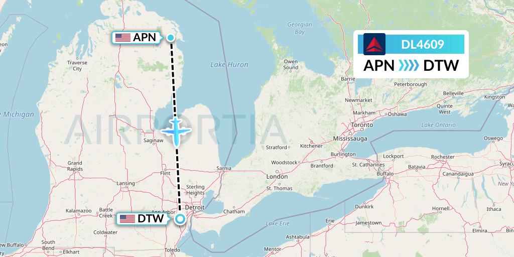DL4609 Delta Air Lines Flight Map: Alpena to Detroit