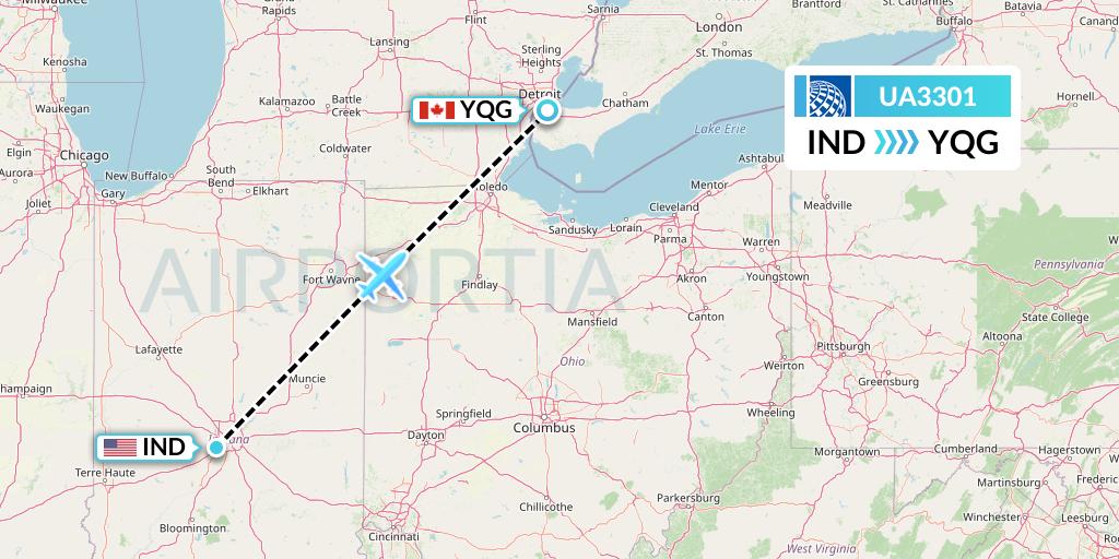 UA3301 United Airlines Flight Map: Indianapolis to Windsor