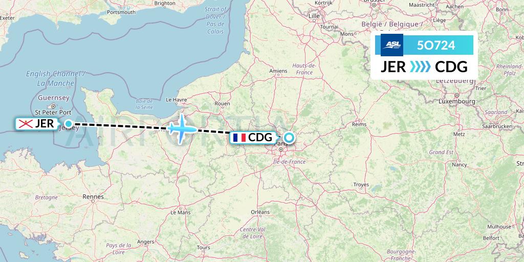 5O724 ASL Airlines France Flight Map: Jersey to Paris