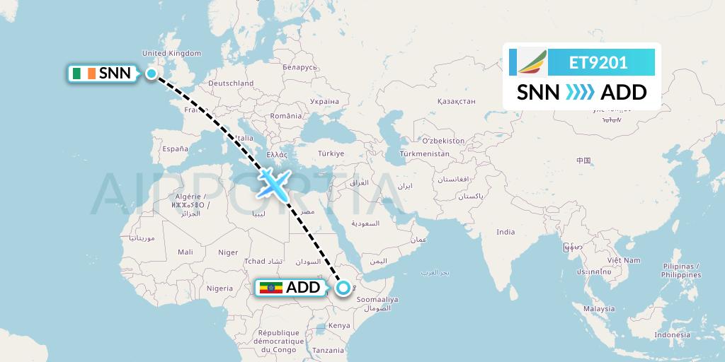 ET9201 Ethiopian Airlines Flight Map: Shannon to Addis Ababa