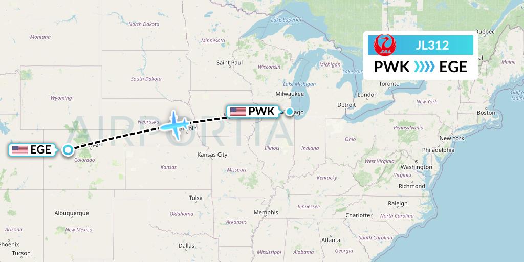 JL312 Japan Airlines Flight Map: Chicago to Eagle