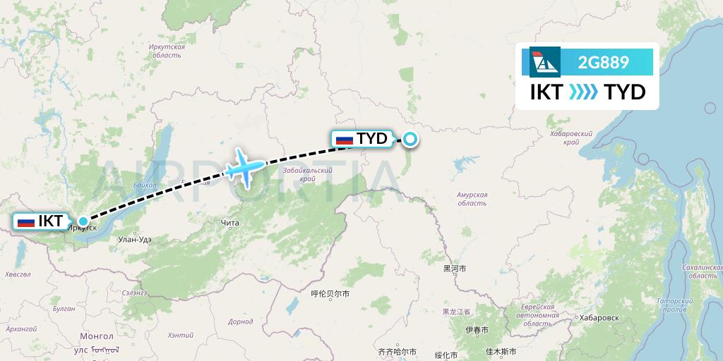 2G889 Angara Airlines Flight Map: Irkutsk to Tynda