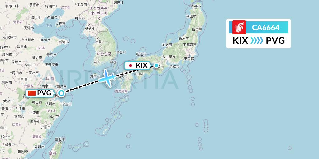 CA6664 Air China Flight Map: Osaka to Shanghai
