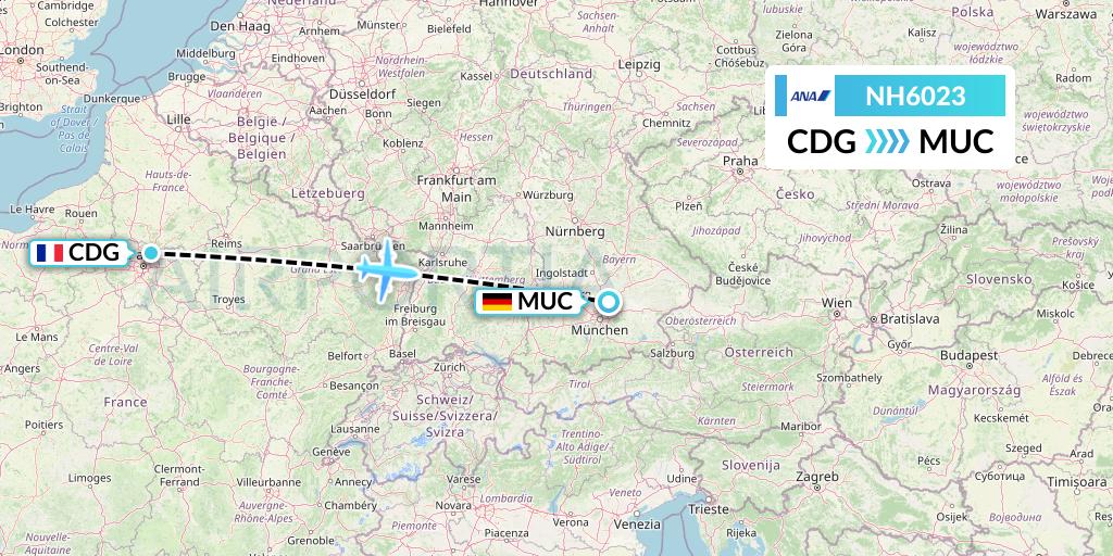 NH6023 All Nippon Airways Flight Map: Paris to Munich