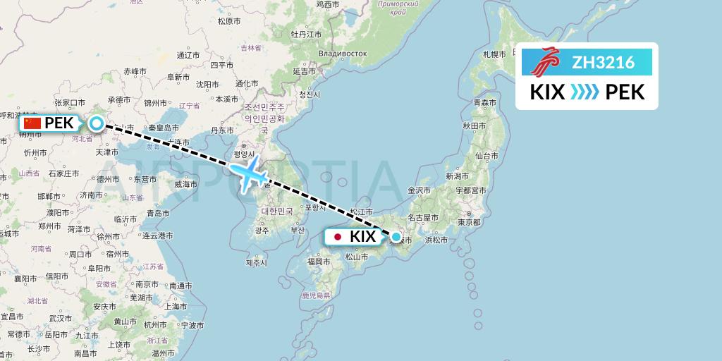ZH3216 Shenzhen Airlines Flight Map: Osaka to Beijing