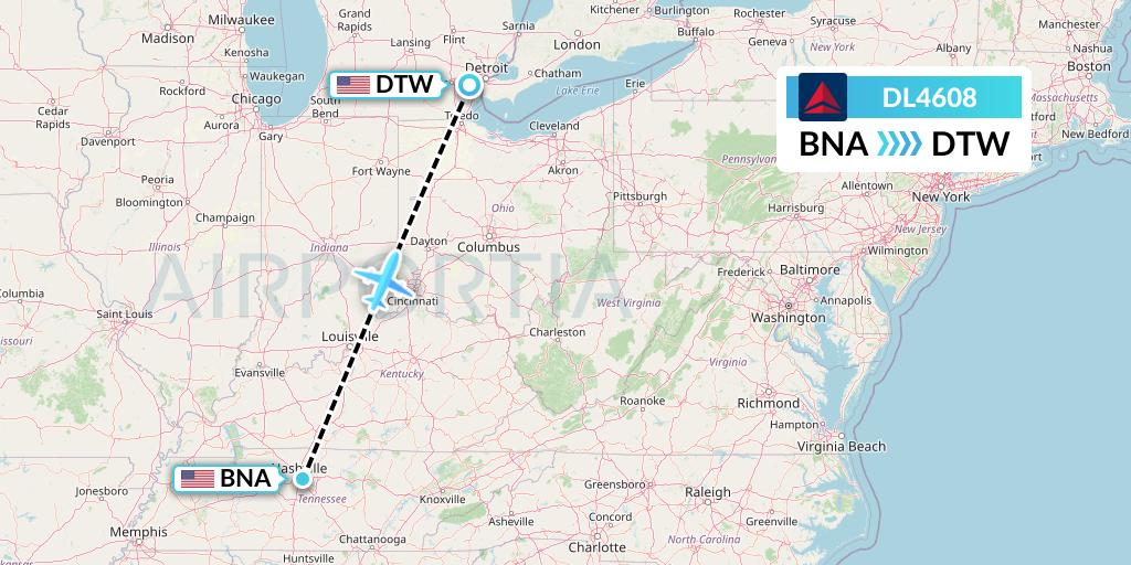 DL4608 Delta Air Lines Flight Map: Nashville to Detroit