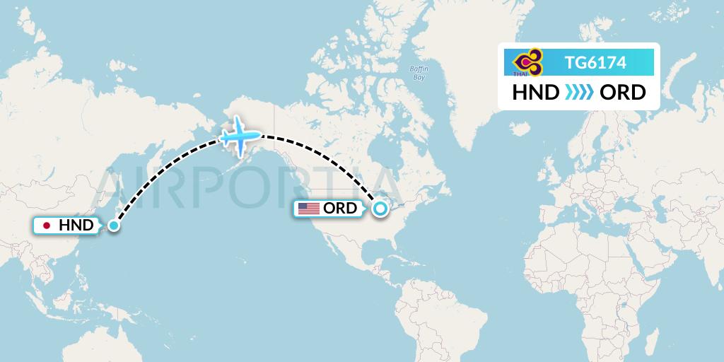 TG6174 Thai Airways Flight Map: Tokyo to Chicago