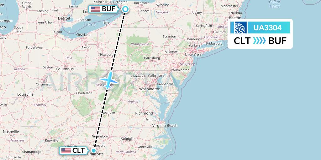 UA3304 United Airlines Flight Map: Charlotte to Buffalo