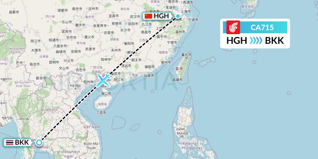 CA715 Air China Flight Map: Hangzhou to Bangkok