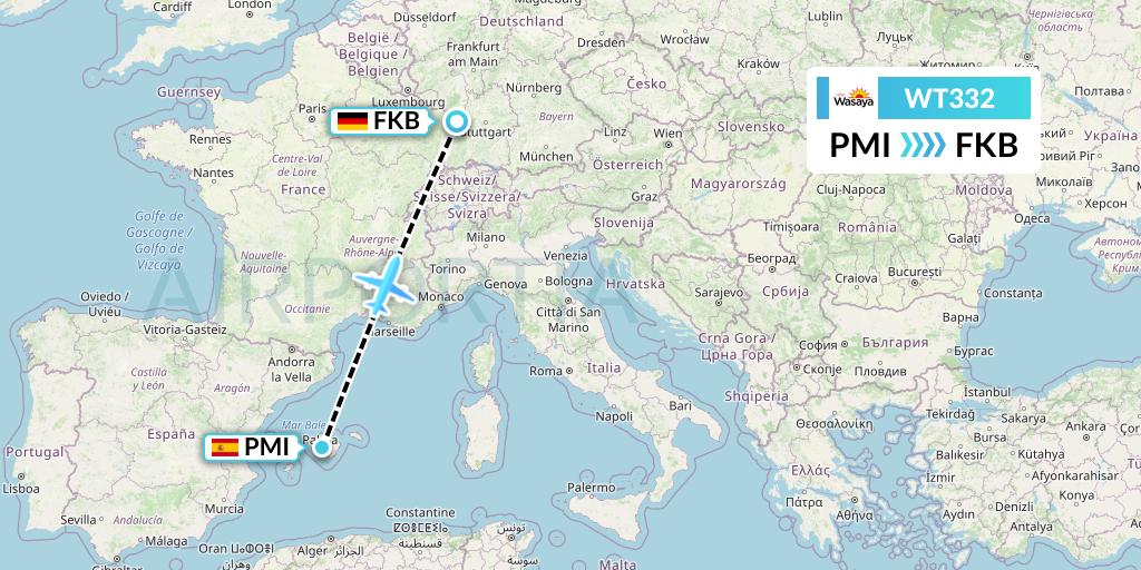 WT332 Swiftair Flight Map: Palma de Mallorca to Karlsruhe/Baden-Baden