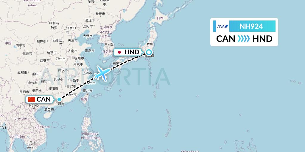 NH924 All Nippon Airways Flight Map: Guangzhou to Tokyo