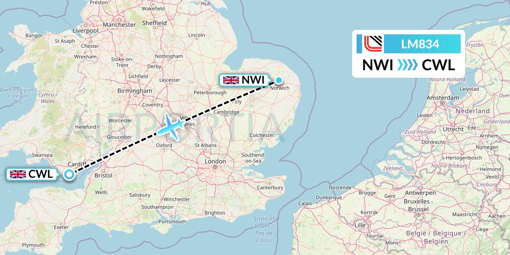 LM834 Loganair Flight Map: Norwich to Cardiff